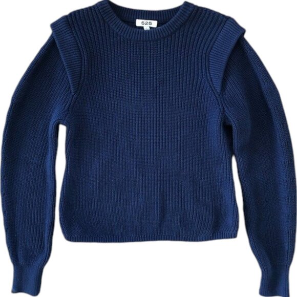 525 America shoulder tuck puff sleeve blue knit cotton sweater size L - Picture 1 of 5